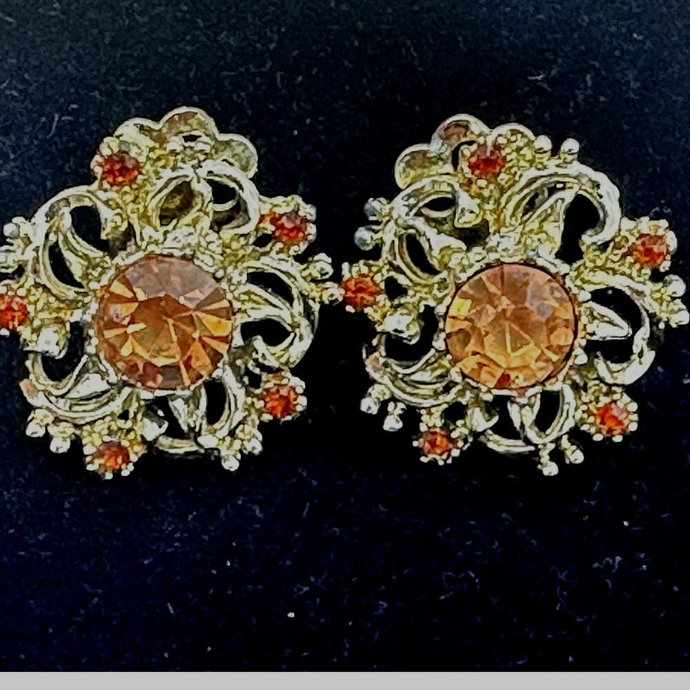 Vintage Coro Signed Rhinestone Flower Cluster Earrings, Mid Century Clip On 60s